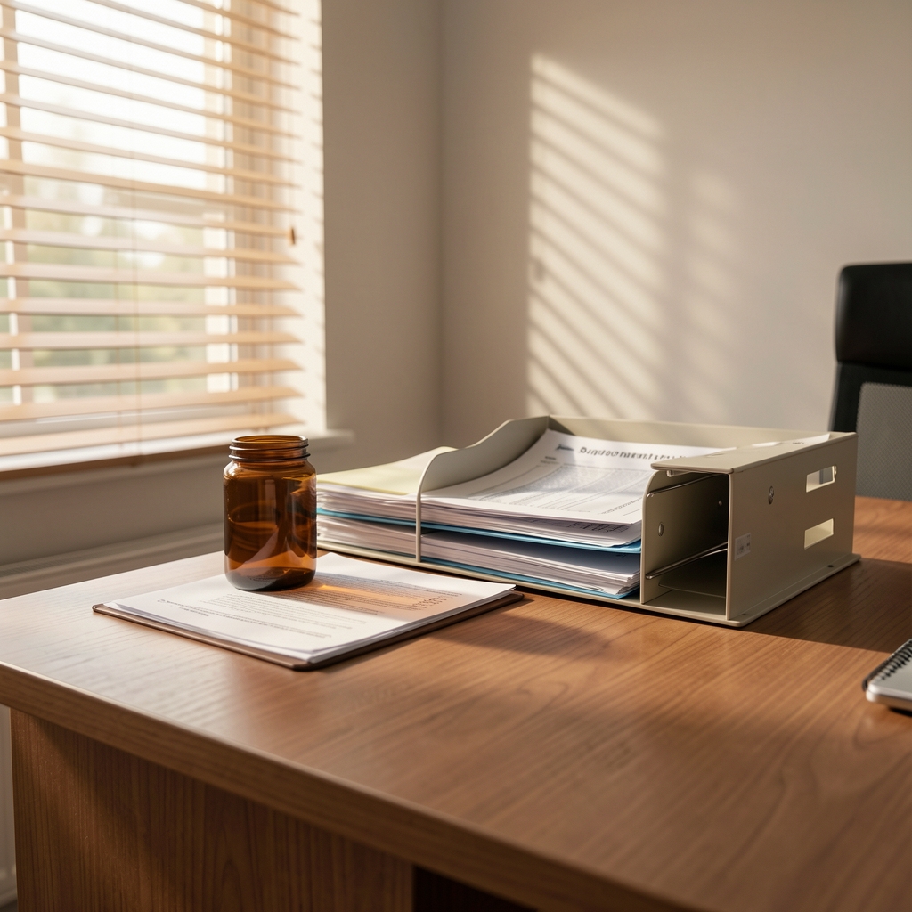 Quiet Warsaw office space with a wooden desk bearing supplement composition notes, a loupe glass, and small amber sample jars under morning window light