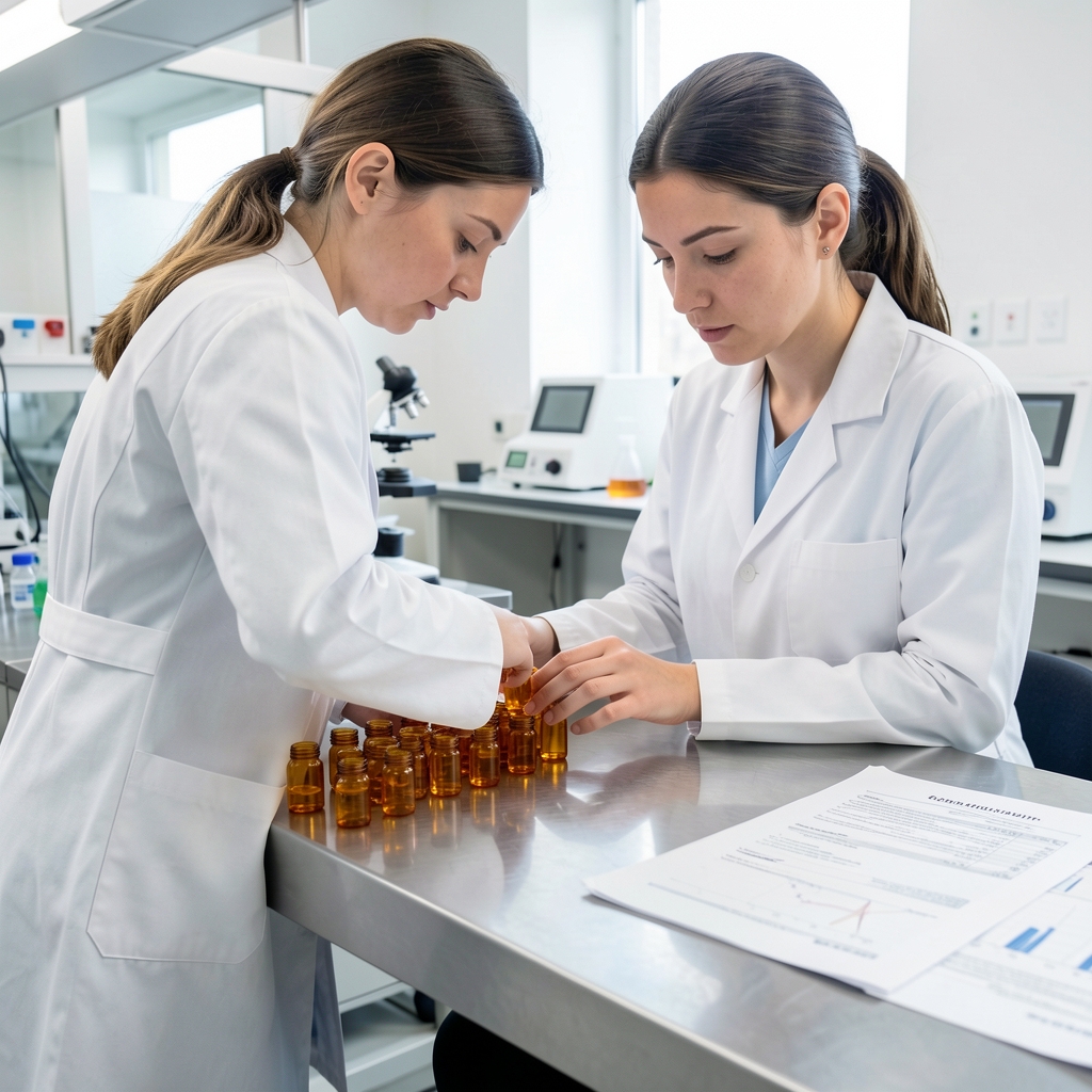 Laboratory technician in white coat examining a row of amber supplement capsules on a clean stainless-steel bench under bright studio lighting, with analysis documentation visible on the desk beside them