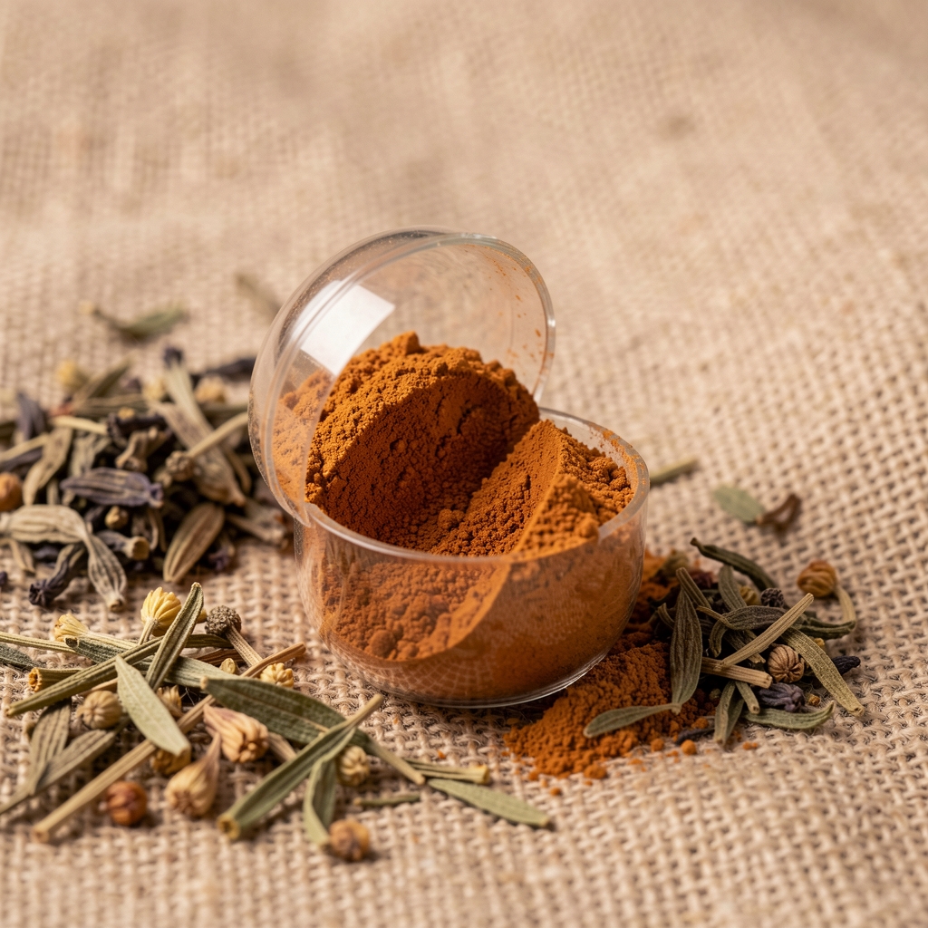 Close-up of open capsule split to reveal orange-brown botanical powder with surrounding dried herbs on a natural linen background under controlled lighting