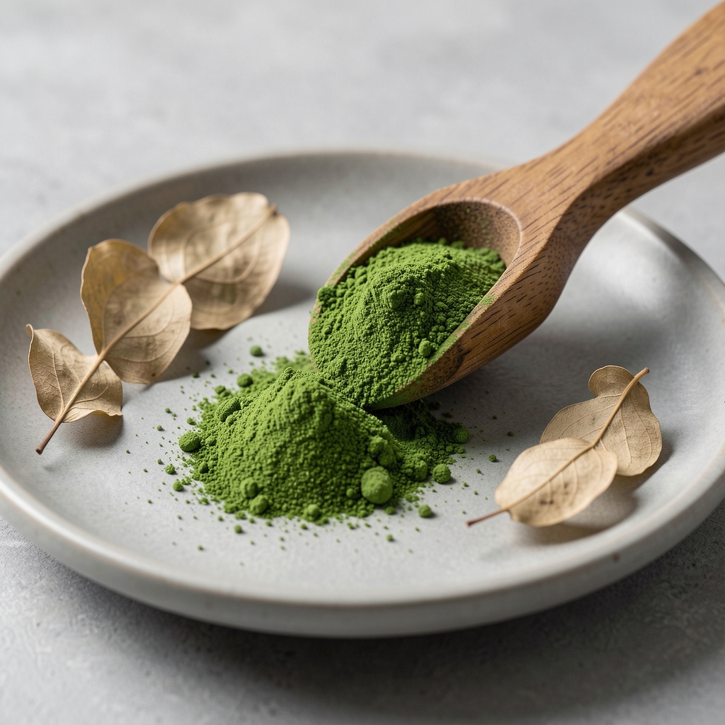 Macro shot of green spirulina powder spilling from a wooden spoon onto light grey ceramic plate with dried botanical leaves arranged alongside